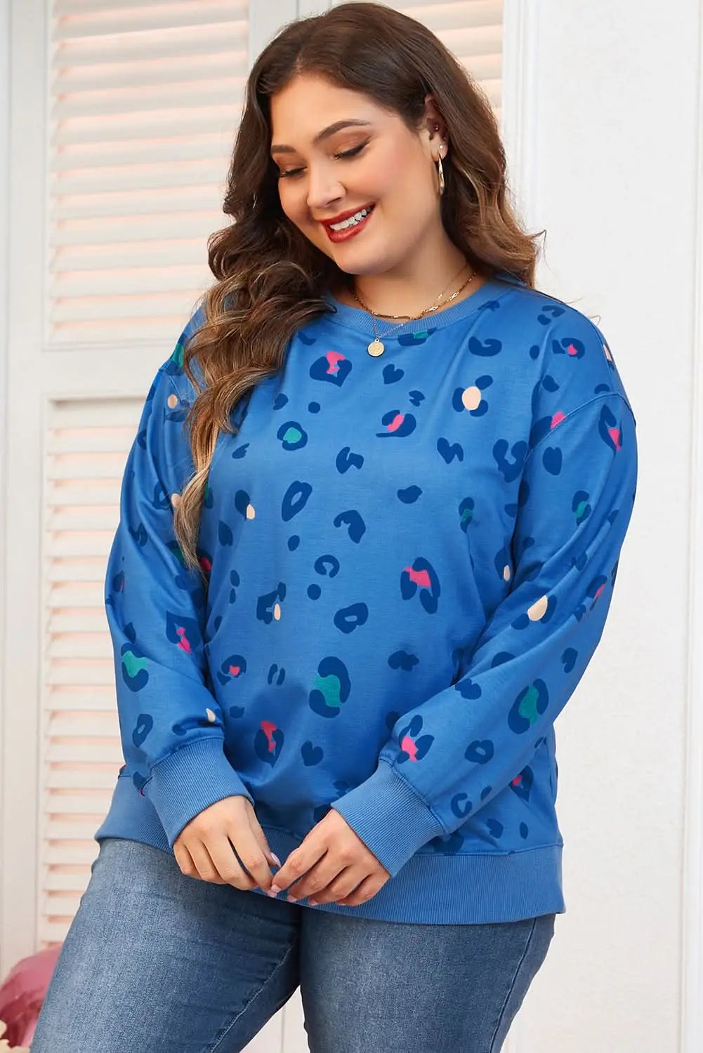 Sky blue leopard print pullover - Love Salve